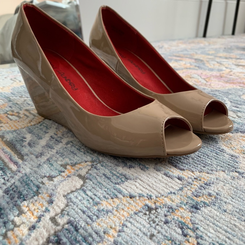 Nude wedges. Open toe. Patent leather. WORN ONCE